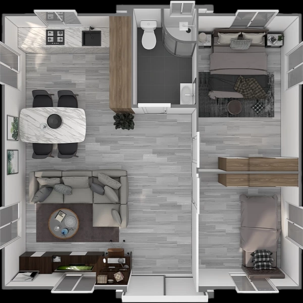 20ft Expandable Container House — 38㎡ Granny Flat 2 Bedroom Prefab Home floor plan